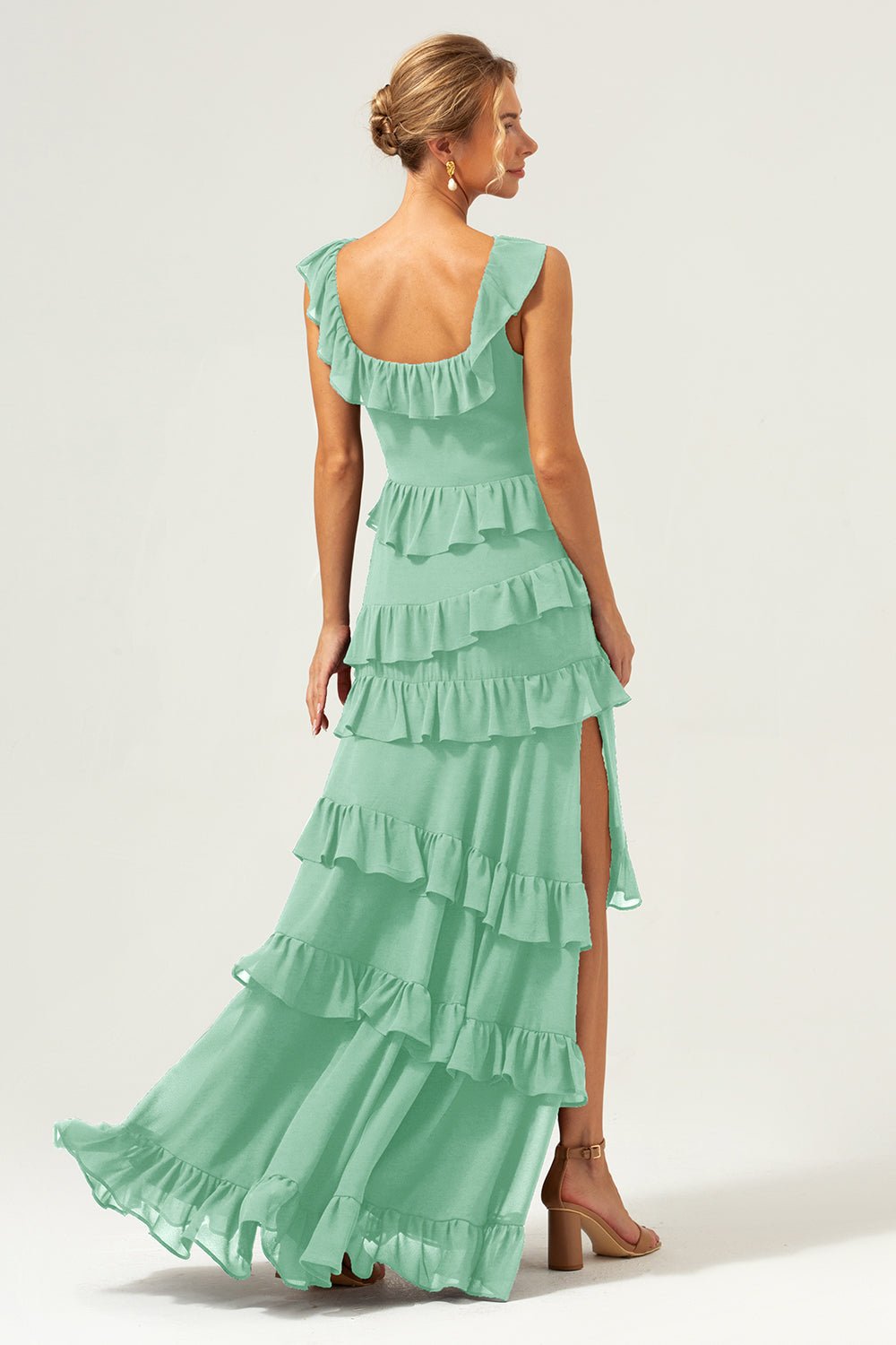 Dark Navy Tiered Chiffon A-Line Maxi Bridesmaid Dress with Ruffle Sleeves - Image 64