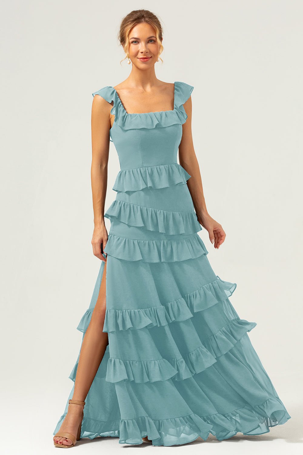Dark Navy Tiered Chiffon A-Line Maxi Bridesmaid Dress with Ruffle Sleeves - Image 65
