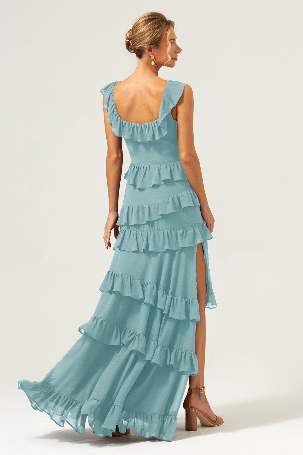 Dark Navy Tiered Chiffon A-Line Maxi Bridesmaid Dress with Ruffle Sleeves - Image 66