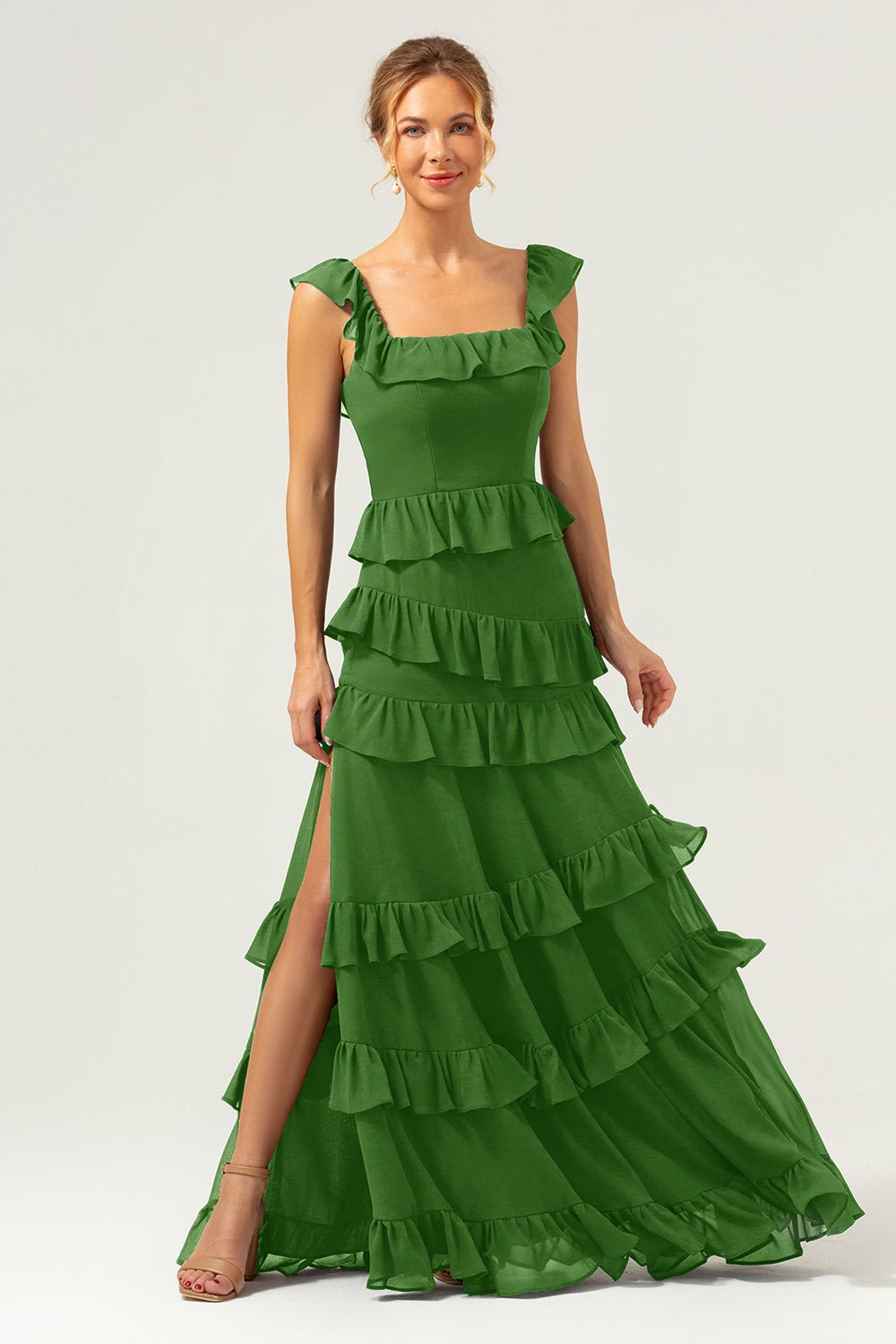 Dark Navy Tiered Chiffon A-Line Maxi Bridesmaid Dress with Ruffle Sleeves - Image 67