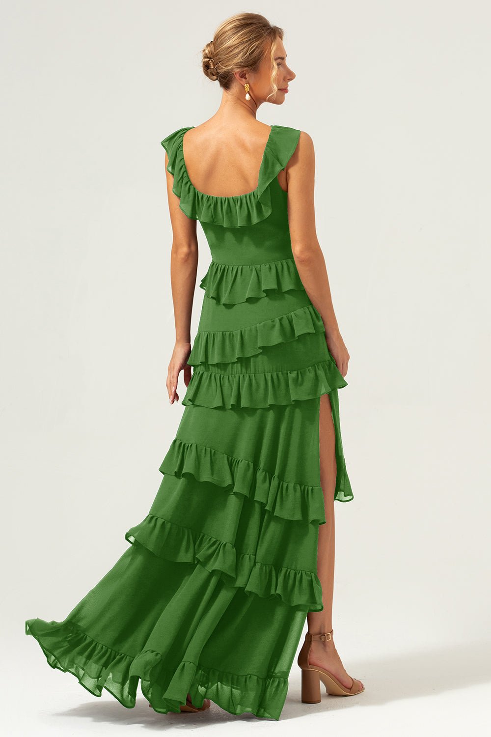 Dark Navy Tiered Chiffon A-Line Maxi Bridesmaid Dress with Ruffle Sleeves - Image 68