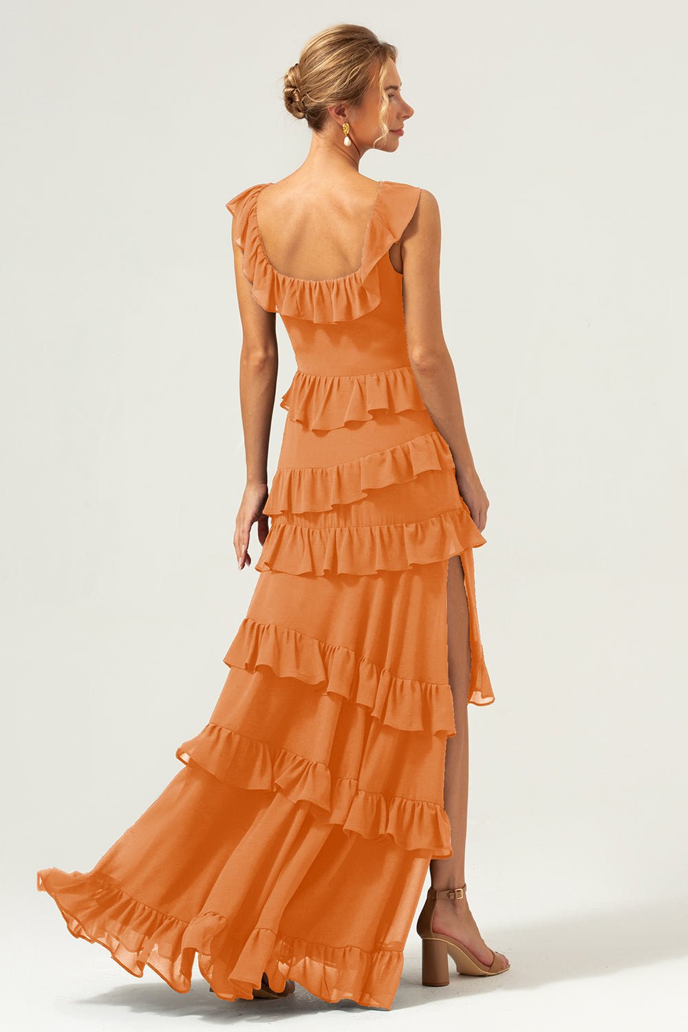 Dark Navy Tiered Chiffon A-Line Maxi Bridesmaid Dress with Ruffle Sleeves - Image 70