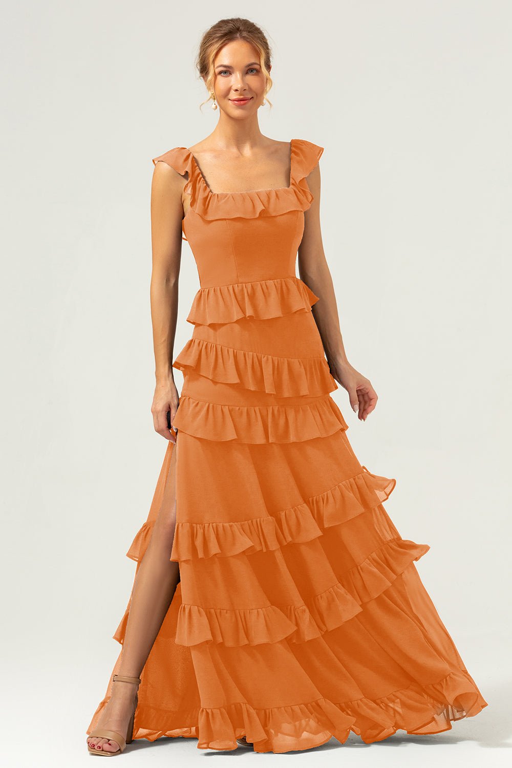 Dark Navy Tiered Chiffon A-Line Maxi Bridesmaid Dress with Ruffle Sleeves - Image 69