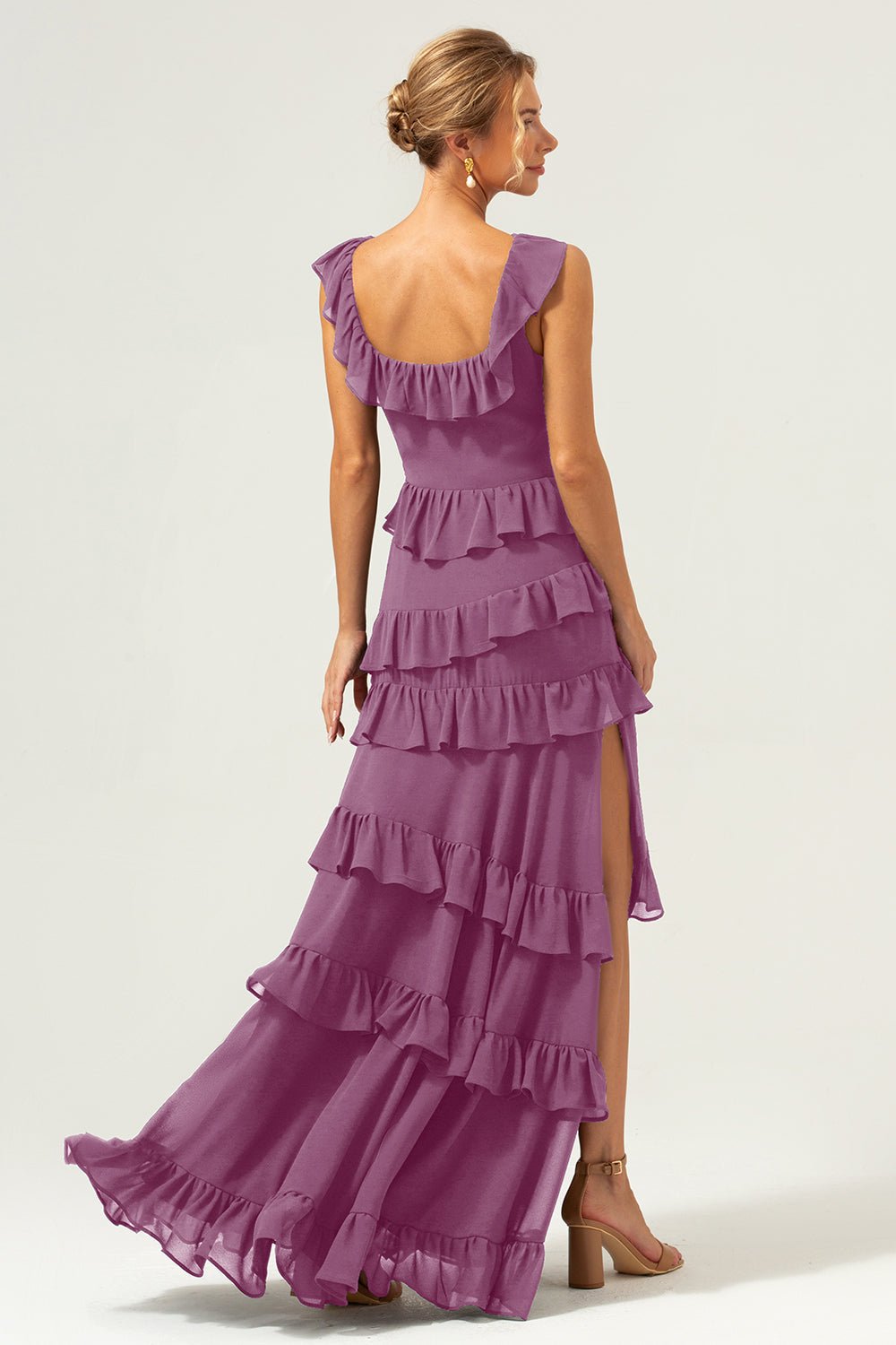 Dark Navy Tiered Chiffon A-Line Maxi Bridesmaid Dress with Ruffle Sleeves - Image 72
