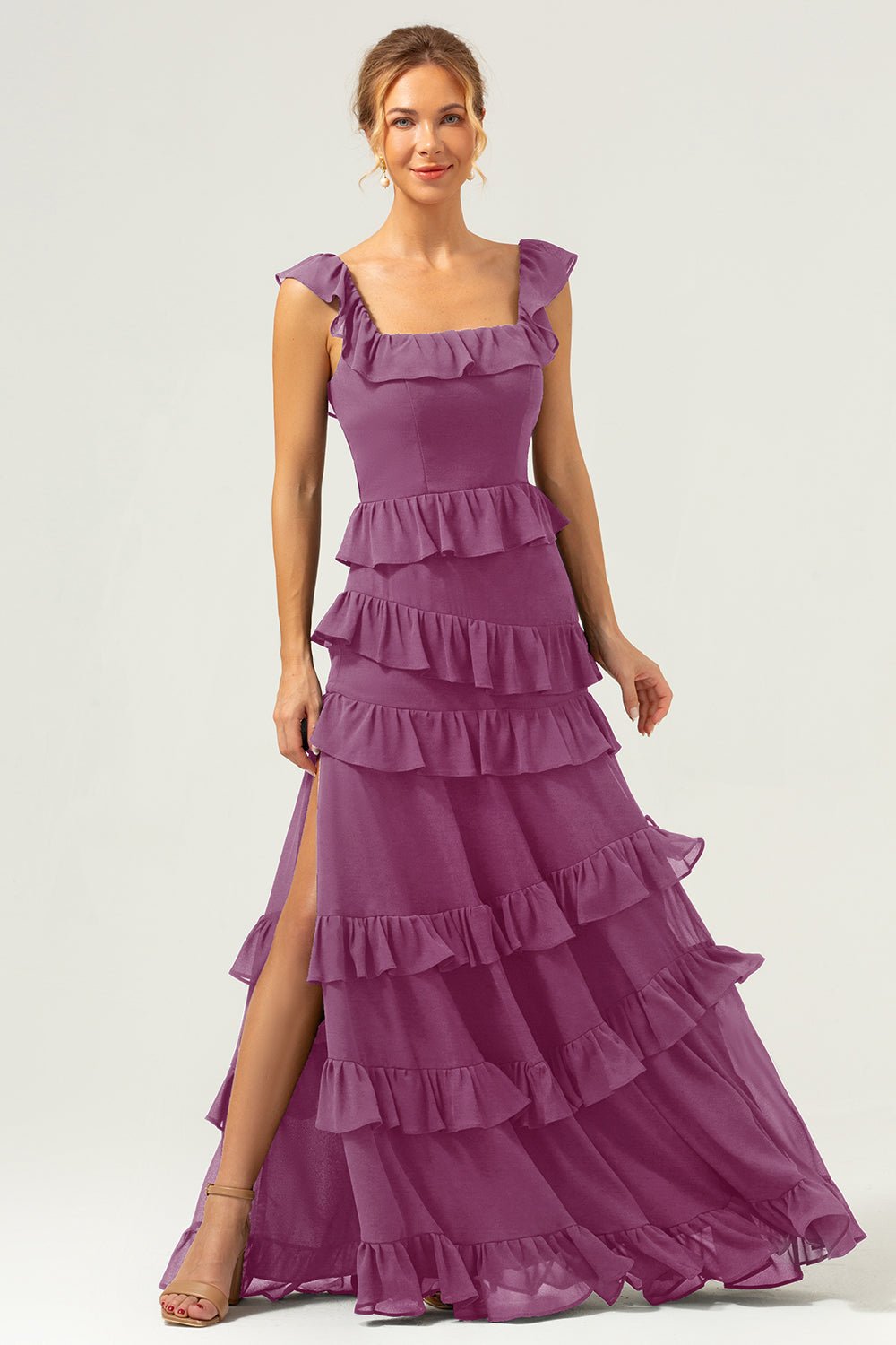 Dark Navy Tiered Chiffon A-Line Maxi Bridesmaid Dress with Ruffle Sleeves - Image 71
