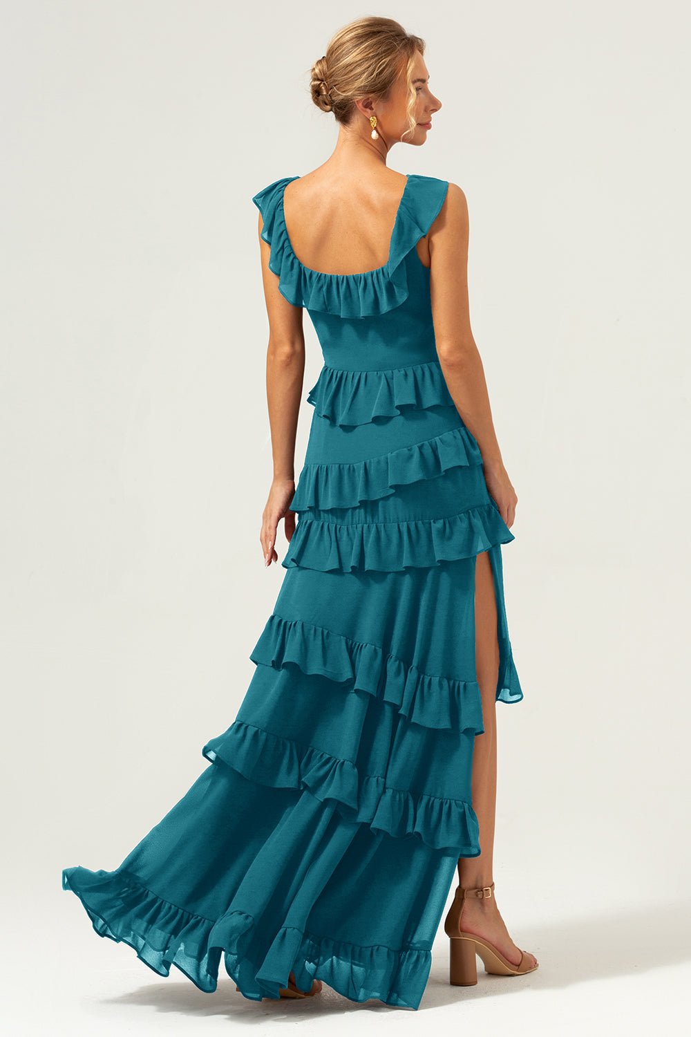 Dark Navy Tiered Chiffon A-Line Maxi Bridesmaid Dress with Ruffle Sleeves - Image 74