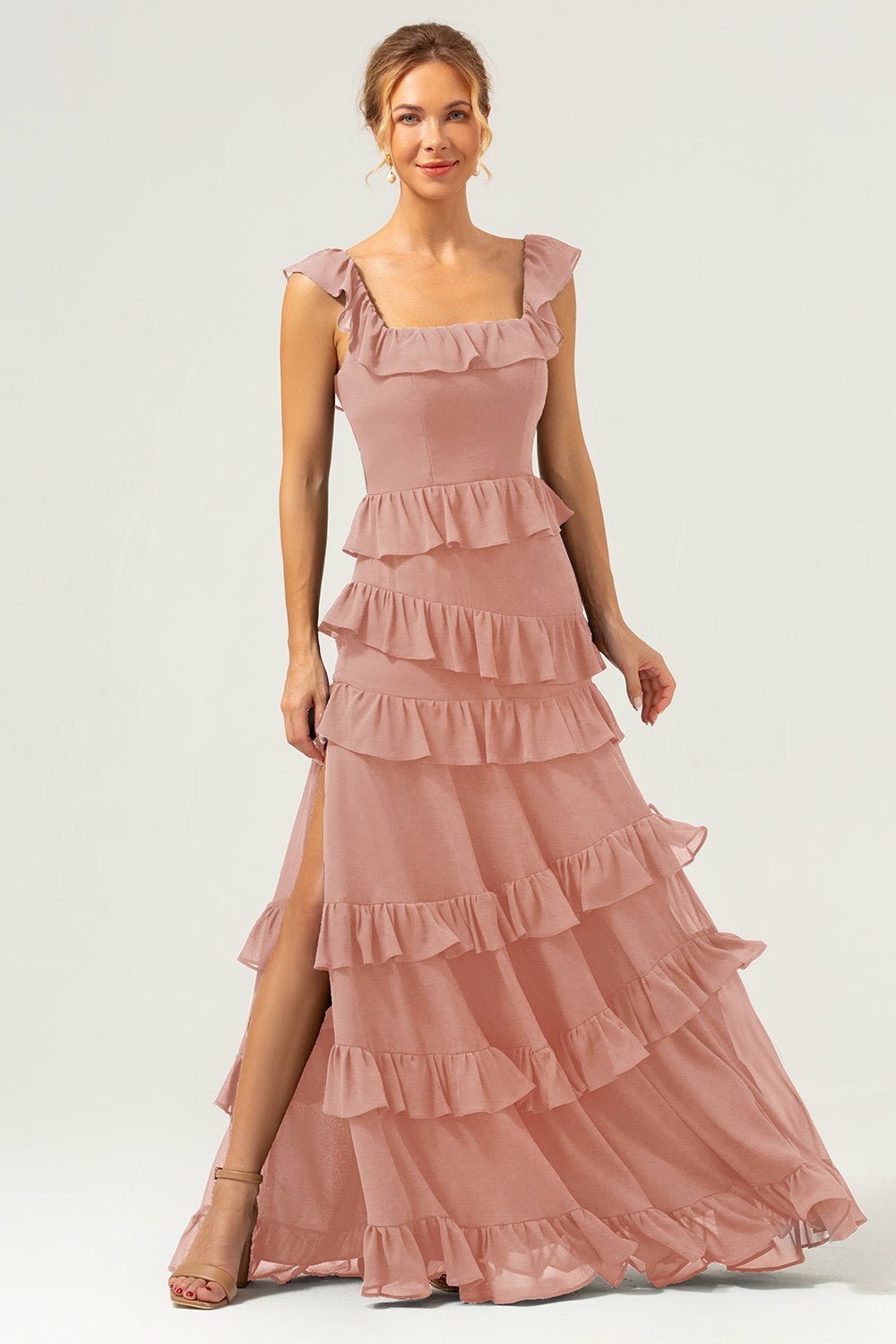 Dark Navy Tiered Chiffon A-Line Maxi Bridesmaid Dress with Ruffle Sleeves - Image 75