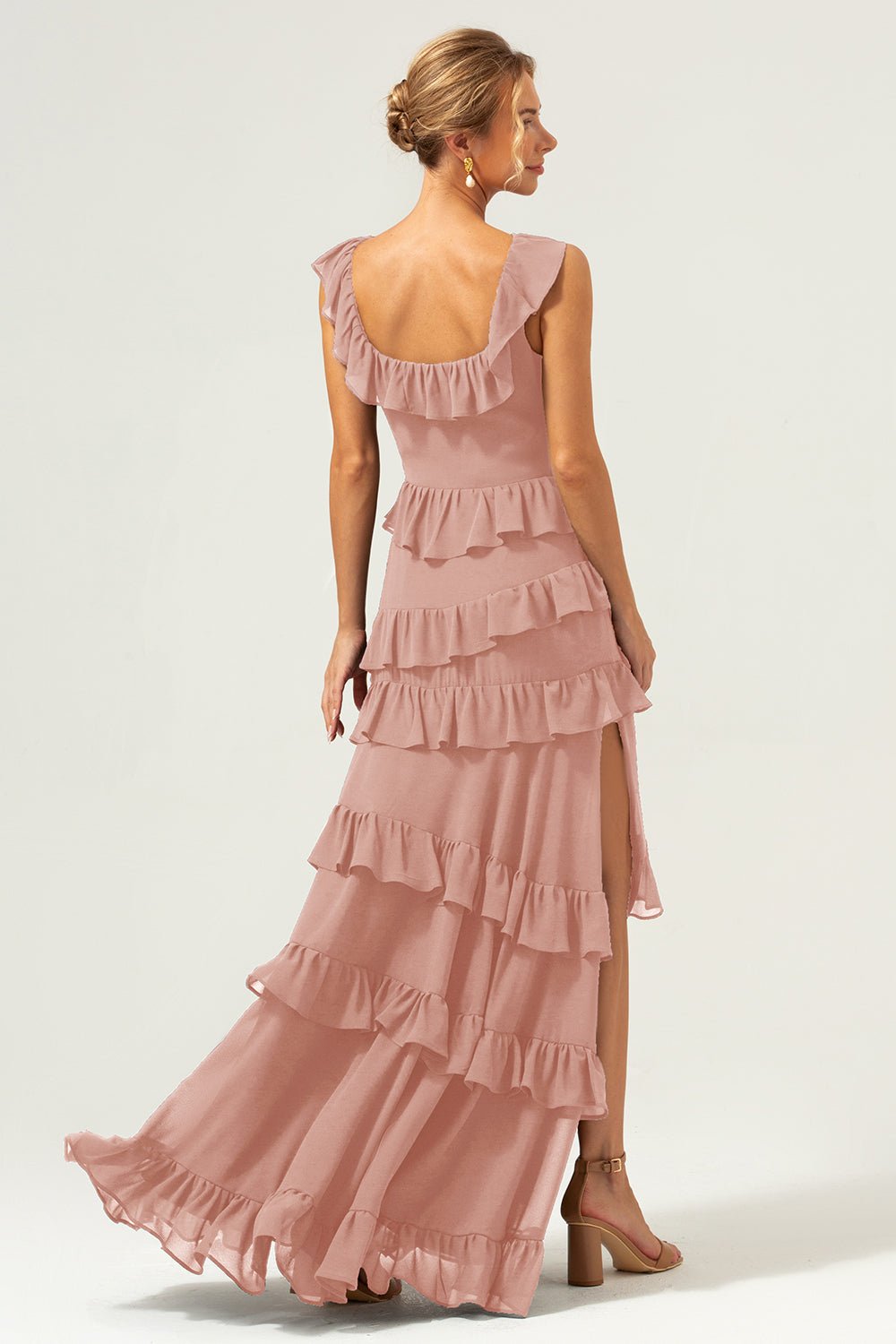 Dark Navy Tiered Chiffon A-Line Maxi Bridesmaid Dress with Ruffle Sleeves - Image 76