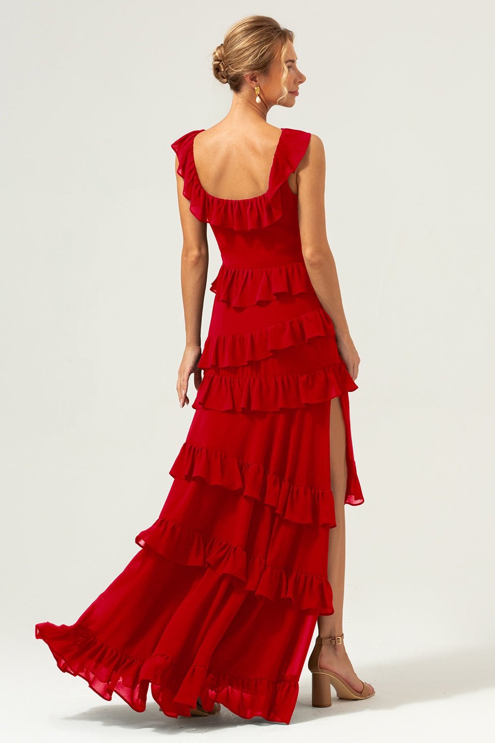 Dark Navy Tiered Chiffon A-Line Maxi Bridesmaid Dress with Ruffle Sleeves - Image 78