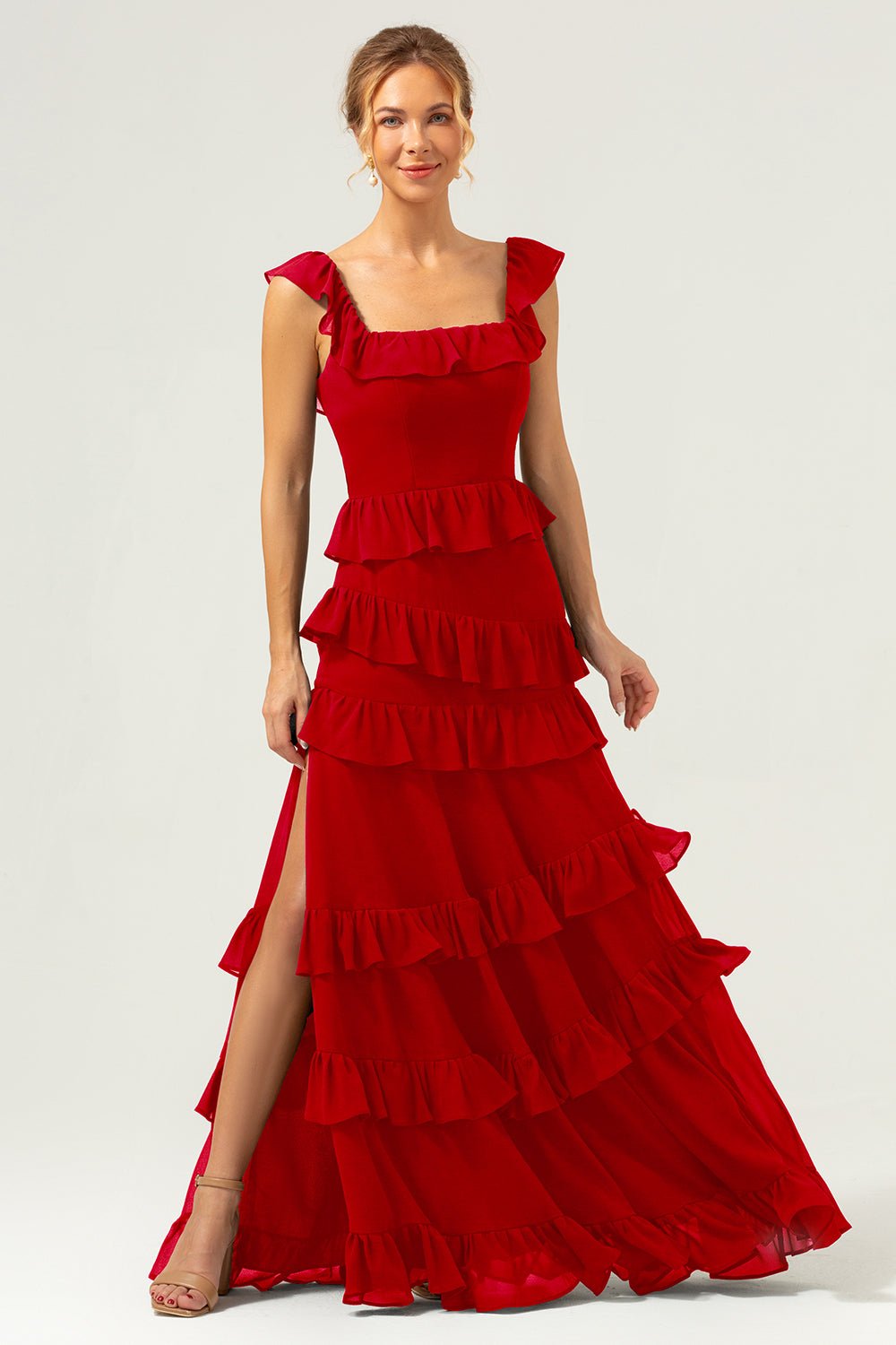 Dark Navy Tiered Chiffon A-Line Maxi Bridesmaid Dress with Ruffle Sleeves - Image 77