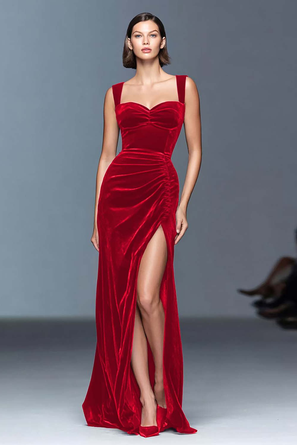Burgundy Velvet Sheath Formal Gown with Sweetheart Neckline & High Slit - Image 10
