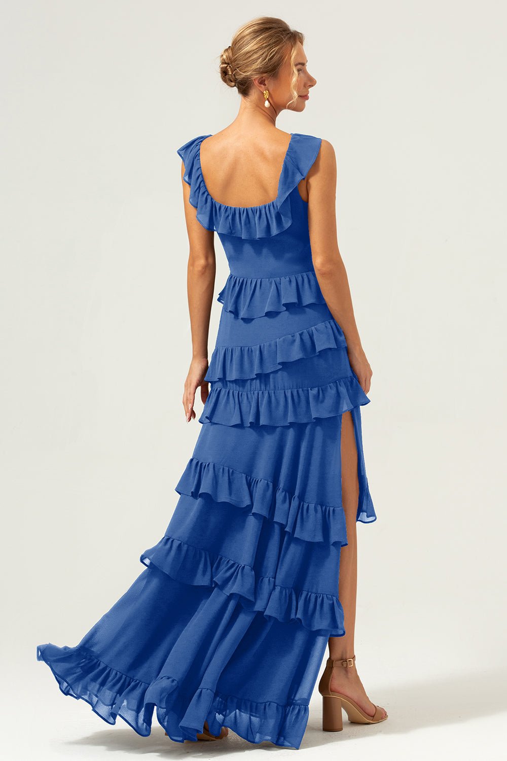 Dark Navy Tiered Chiffon A-Line Maxi Bridesmaid Dress with Ruffle Sleeves - Image 80