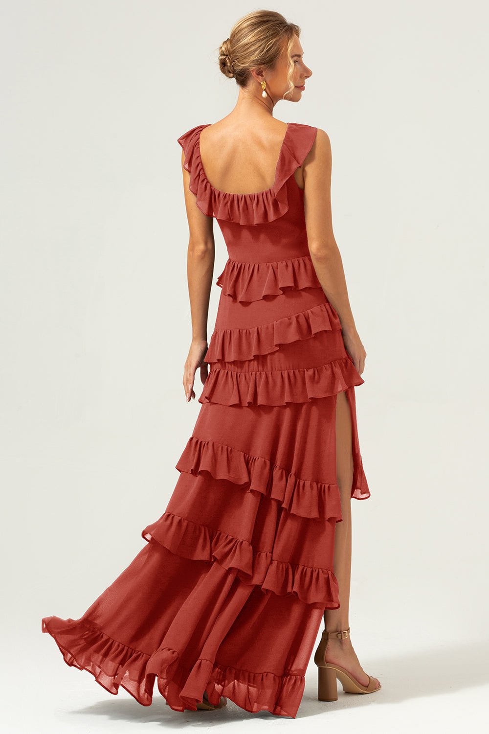 Dark Navy Tiered Chiffon A-Line Maxi Bridesmaid Dress with Ruffle Sleeves - Image 82