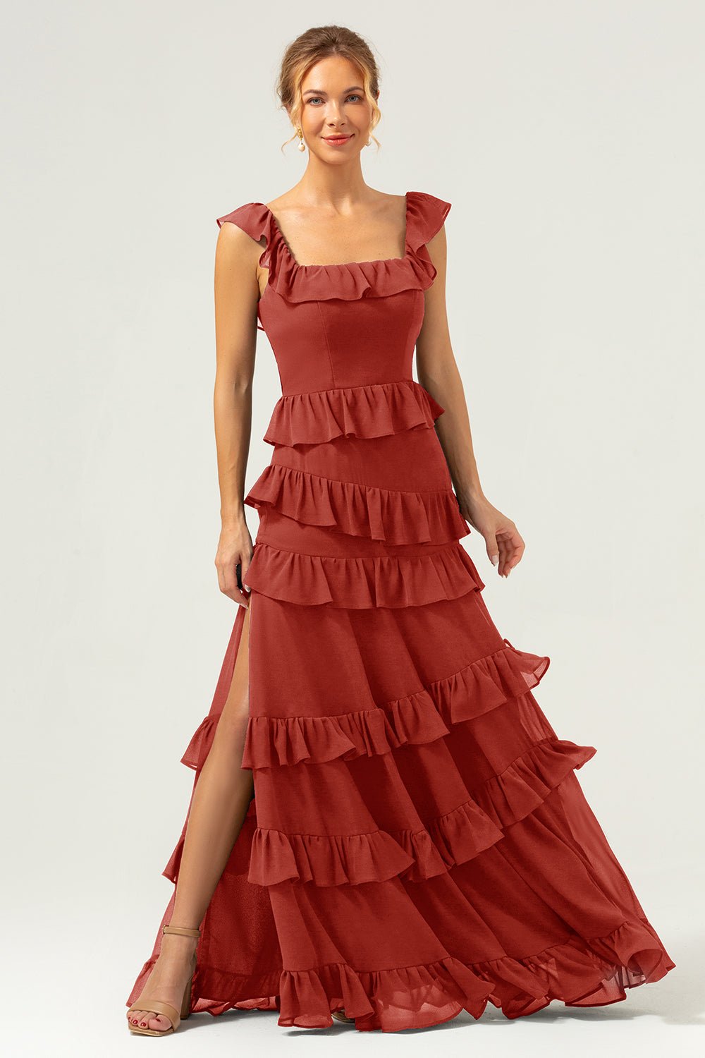 Dark Navy Tiered Chiffon A-Line Maxi Bridesmaid Dress with Ruffle Sleeves - Image 81