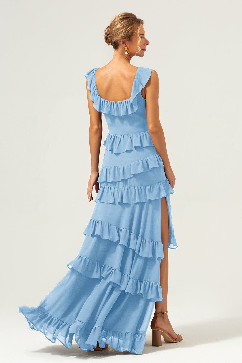 Dark Navy Tiered Chiffon A-Line Maxi Bridesmaid Dress with Ruffle Sleeves - Image 84