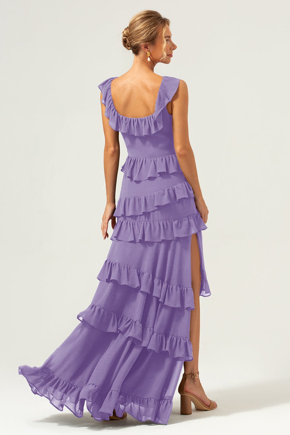 Dark Navy Tiered Chiffon A-Line Maxi Bridesmaid Dress with Ruffle Sleeves - Image 86