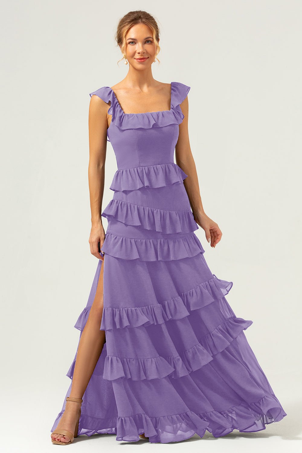 Dark Navy Tiered Chiffon A-Line Maxi Bridesmaid Dress with Ruffle Sleeves - Image 85