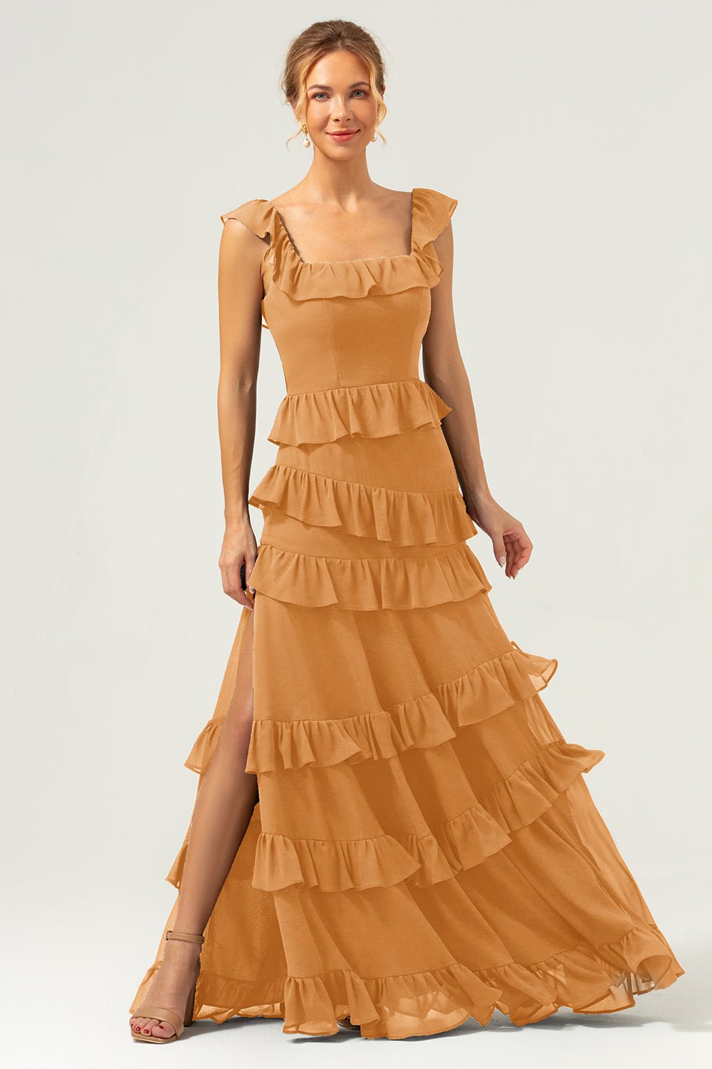Dark Navy Tiered Chiffon A-Line Maxi Bridesmaid Dress with Ruffle Sleeves - Image 87