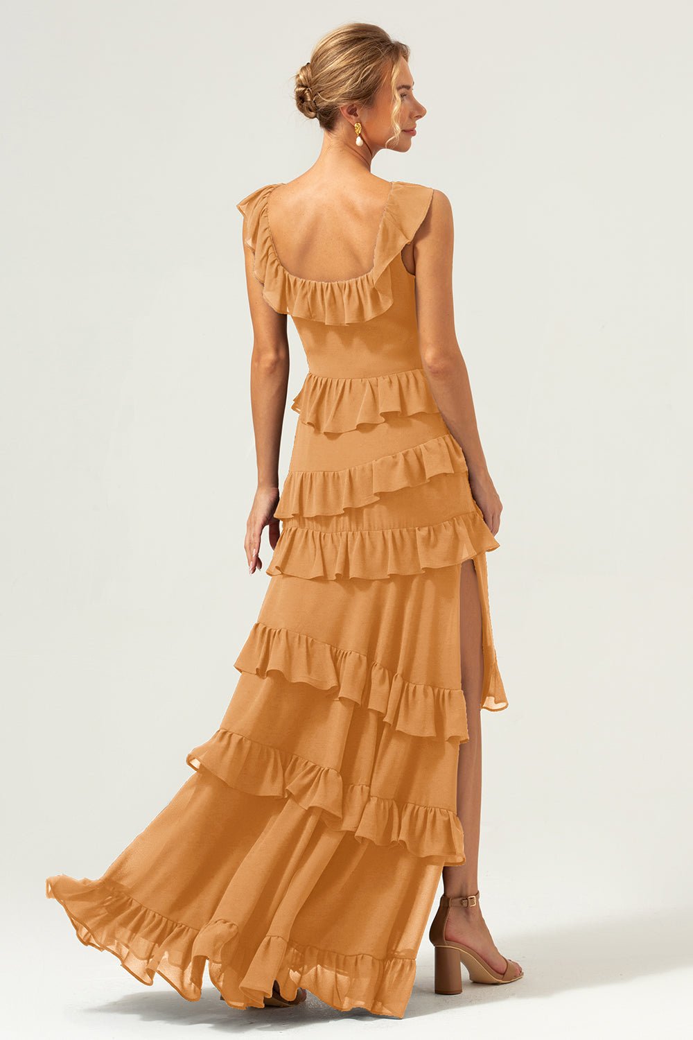 Dark Navy Tiered Chiffon A-Line Maxi Bridesmaid Dress with Ruffle Sleeves - Image 88