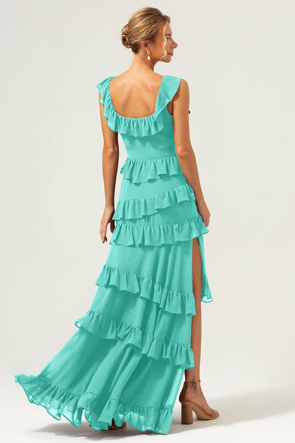 Dark Navy Tiered Chiffon A-Line Maxi Bridesmaid Dress with Ruffle Sleeves - Image 90