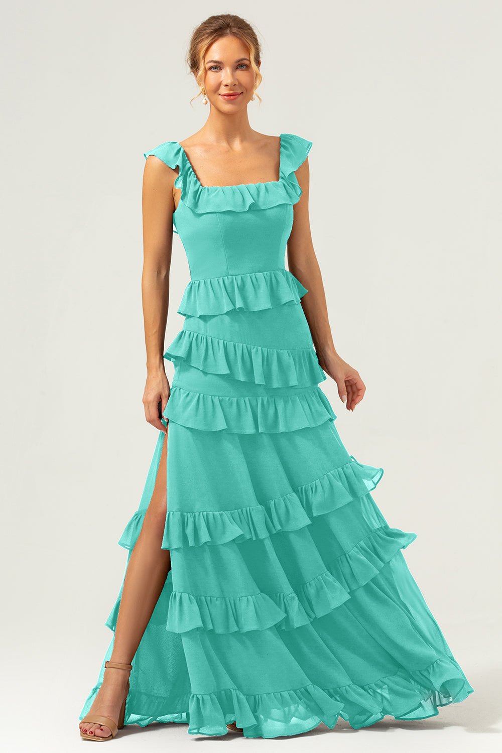 Dark Navy Tiered Chiffon A-Line Maxi Bridesmaid Dress with Ruffle Sleeves - Image 89