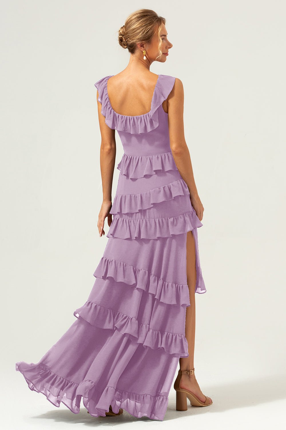 Dark Navy Tiered Chiffon A-Line Maxi Bridesmaid Dress with Ruffle Sleeves - Image 92