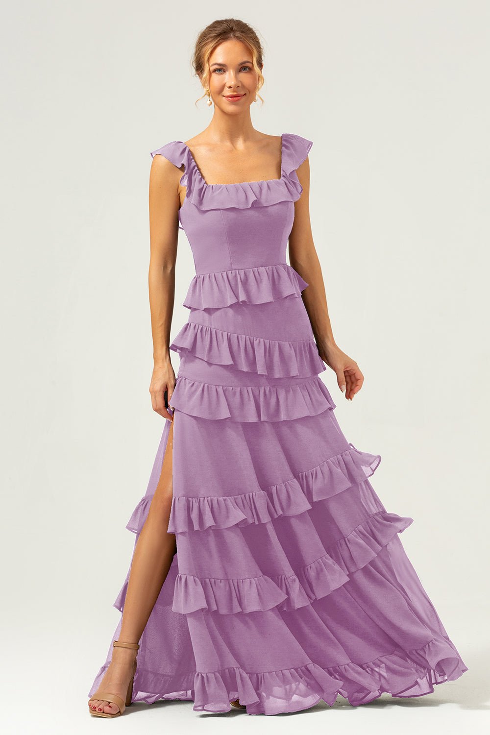 Dark Navy Tiered Chiffon A-Line Maxi Bridesmaid Dress with Ruffle Sleeves - Image 91