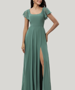 Eucalyptus A-Line Square Neck Maxi Dress with Ruffle Sleeves & High Slit