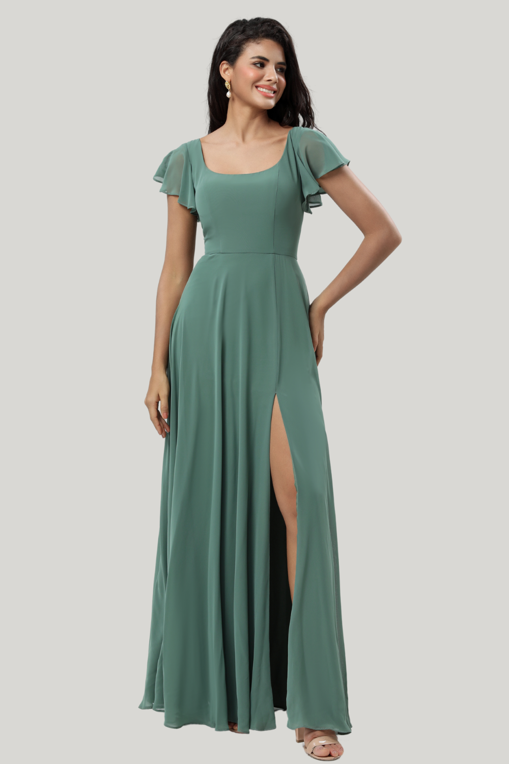 Eucalyptus A-Line Square Neck Maxi Dress with Ruffle Sleeves & High Slit