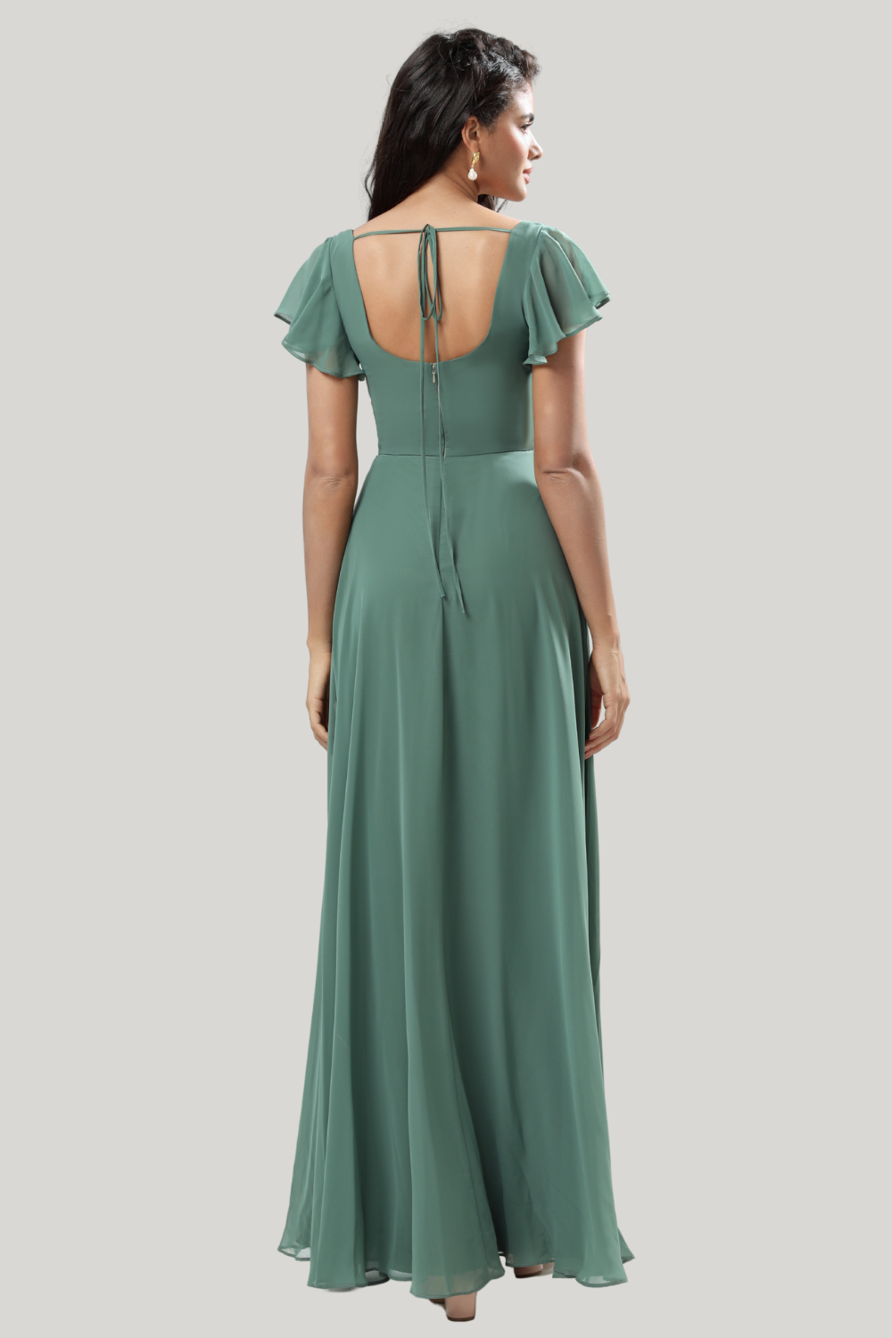 Eucalyptus A-Line Square Neck Maxi Dress with Ruffle Sleeves & High Slit - Image 2
