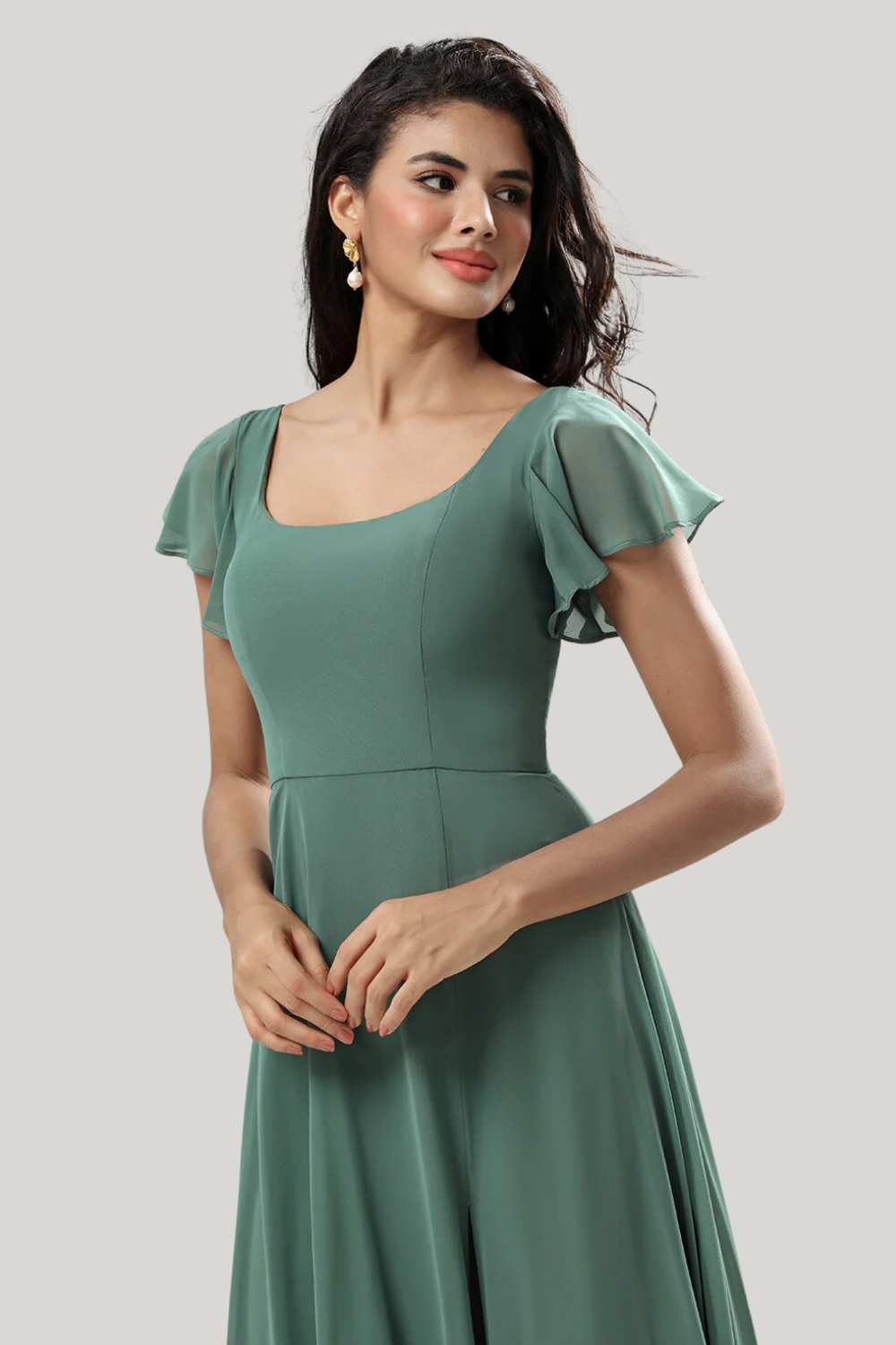 Eucalyptus A-Line Square Neck Maxi Dress with Ruffle Sleeves & High Slit - Image 3