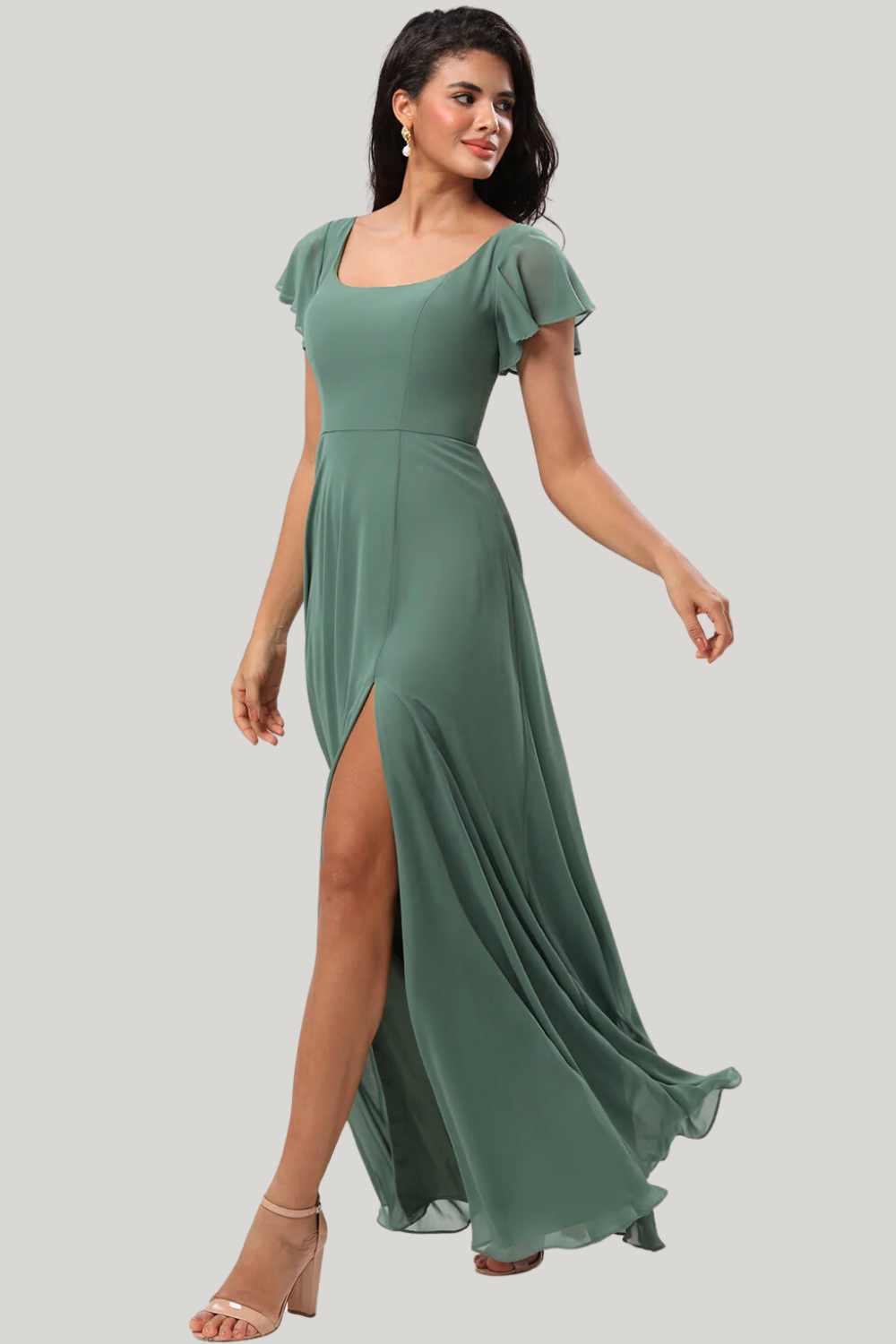 Eucalyptus A-Line Square Neck Maxi Dress with Ruffle Sleeves & High Slit - Image 4