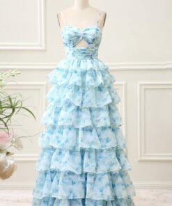 Sky Blue Floral Tiered Maxi Dress with Spaghetti Straps & Waist Cutout
