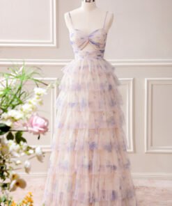 Lavender Floral Tiered Princess Maxi Dress with Sweetheart Neckline