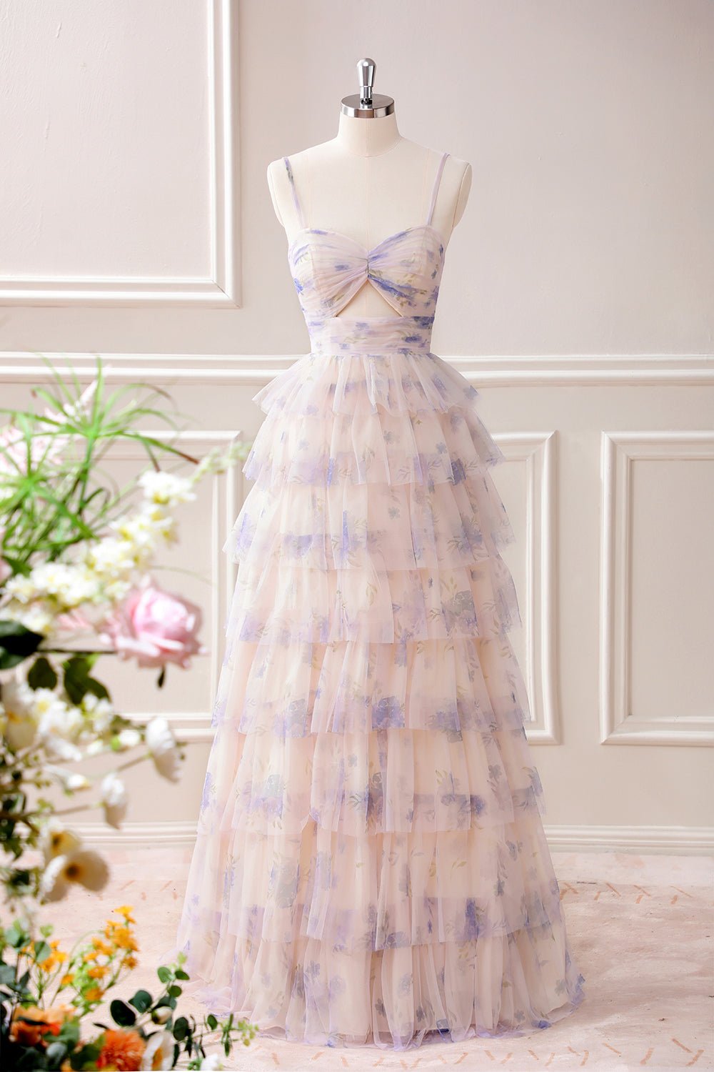 Lavender Floral Tiered Princess Maxi Dress with Sweetheart Neckline