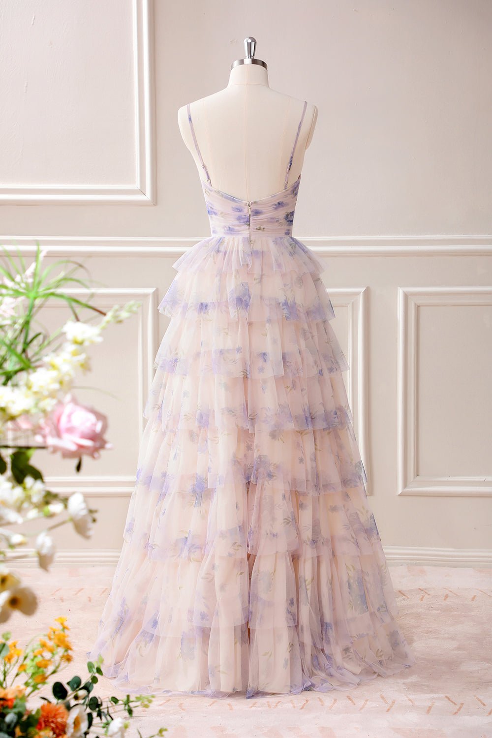 Lavender Floral Tiered Princess Maxi Dress with Sweetheart Neckline - Image 2