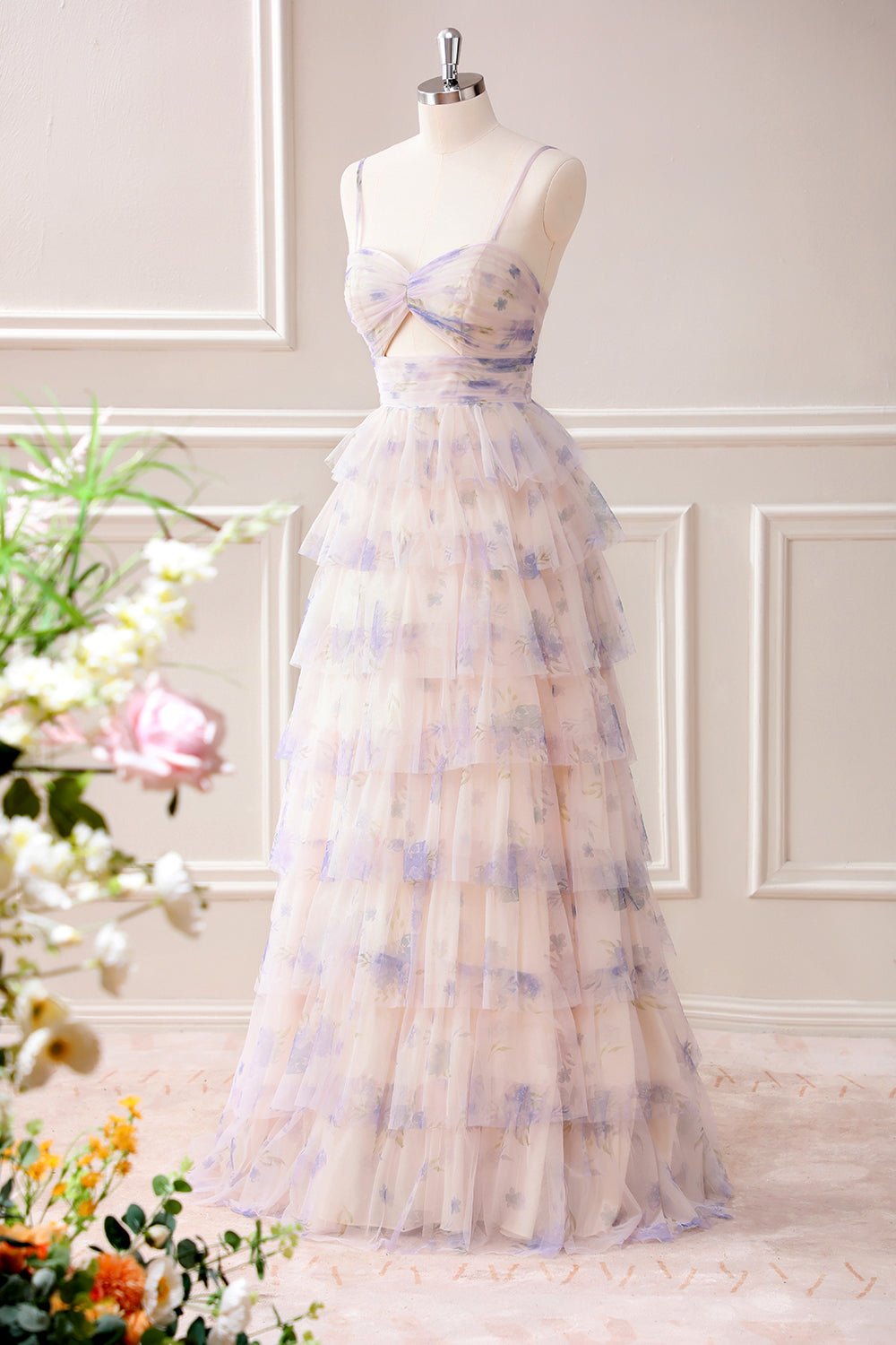 Lavender Floral Tiered Princess Maxi Dress with Sweetheart Neckline - Image 3