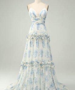 Blue Floral A-Line Tulle Maxi Dress with Ruffle Tiered Skirt & Spaghetti Straps