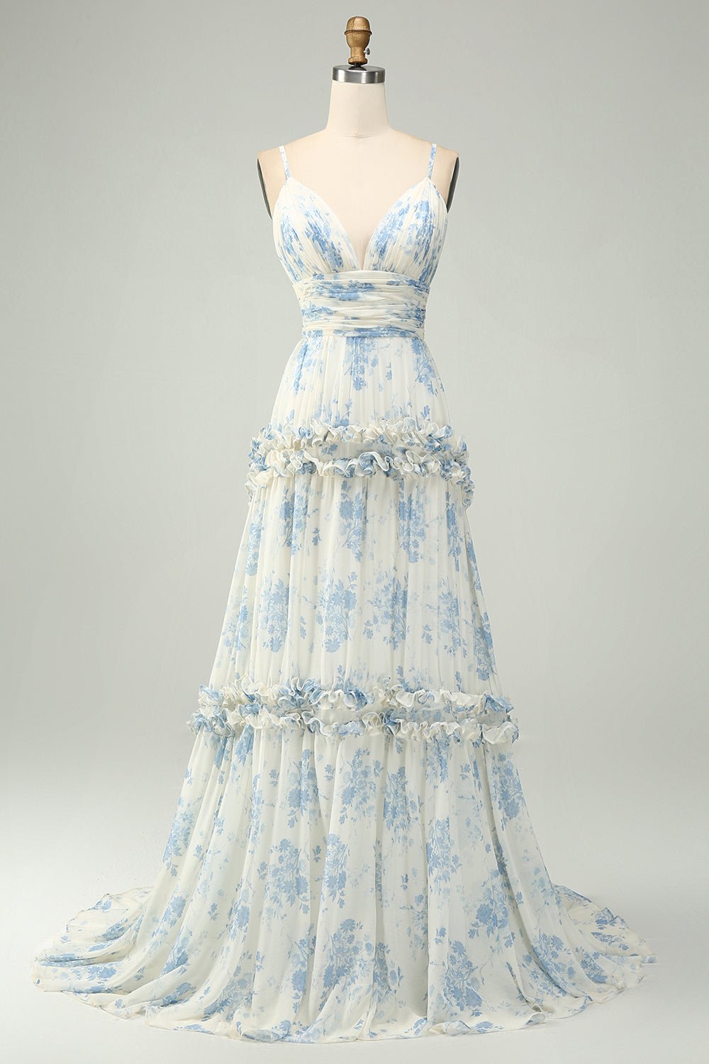 Blue Floral A-Line Tulle Maxi Dress with Ruffle Tiered Skirt & Spaghetti Straps