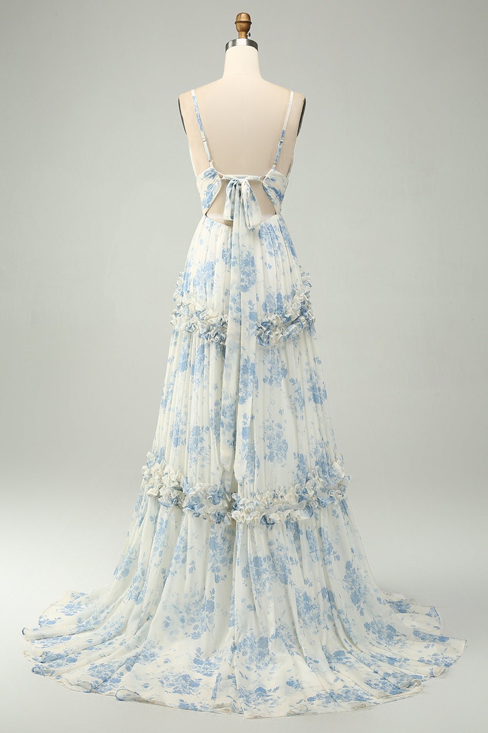 Blue Floral A-Line Tulle Maxi Dress with Ruffle Tiered Skirt & Spaghetti Straps - Image 2