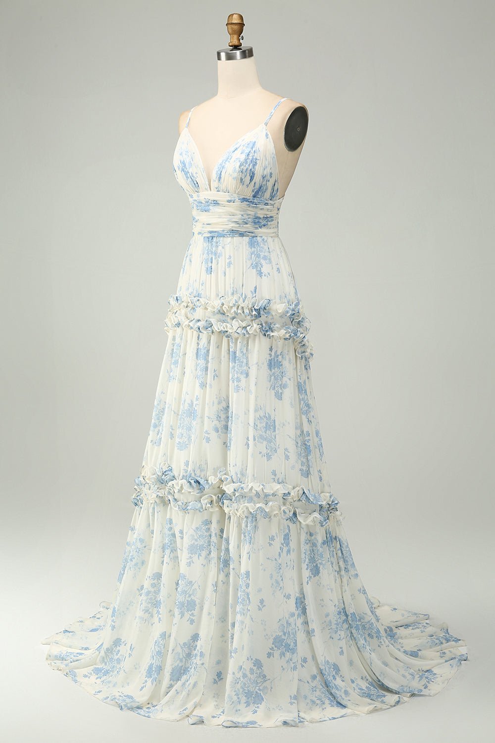 Blue Floral A-Line Tulle Maxi Dress with Ruffle Tiered Skirt & Spaghetti Straps - Image 3