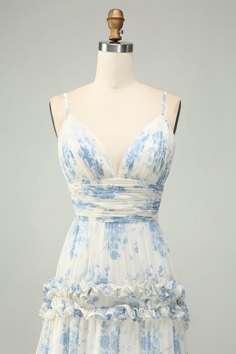 Blue Floral A-Line Tulle Maxi Dress with Ruffle Tiered Skirt & Spaghetti Straps - Image 4