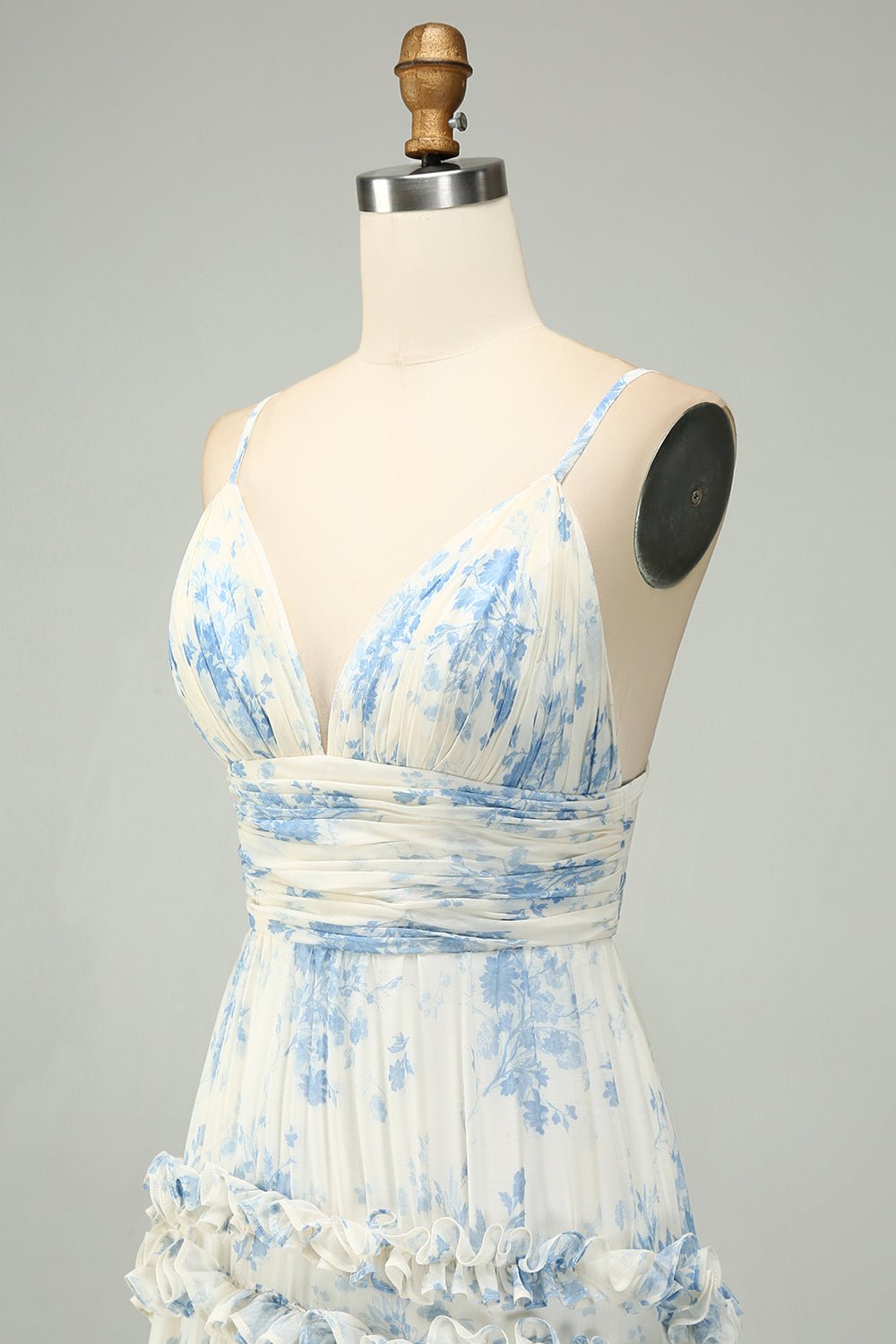 Blue Floral A-Line Tulle Maxi Dress with Ruffle Tiered Skirt & Spaghetti Straps - Image 5