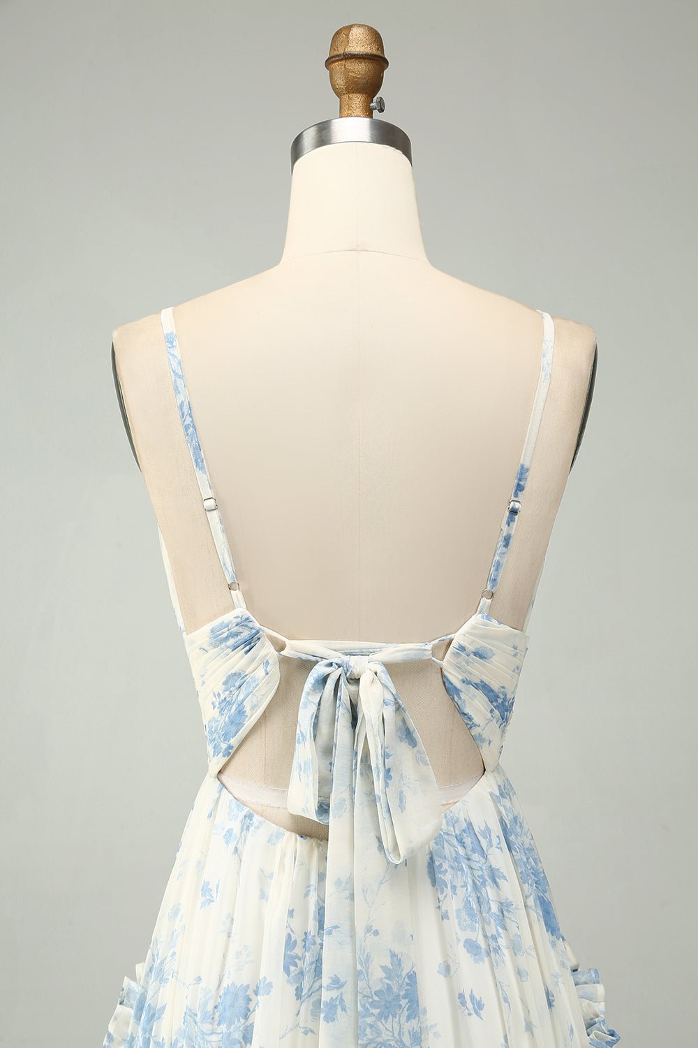 Blue Floral A-Line Tulle Maxi Dress with Ruffle Tiered Skirt & Spaghetti Straps - Image 6