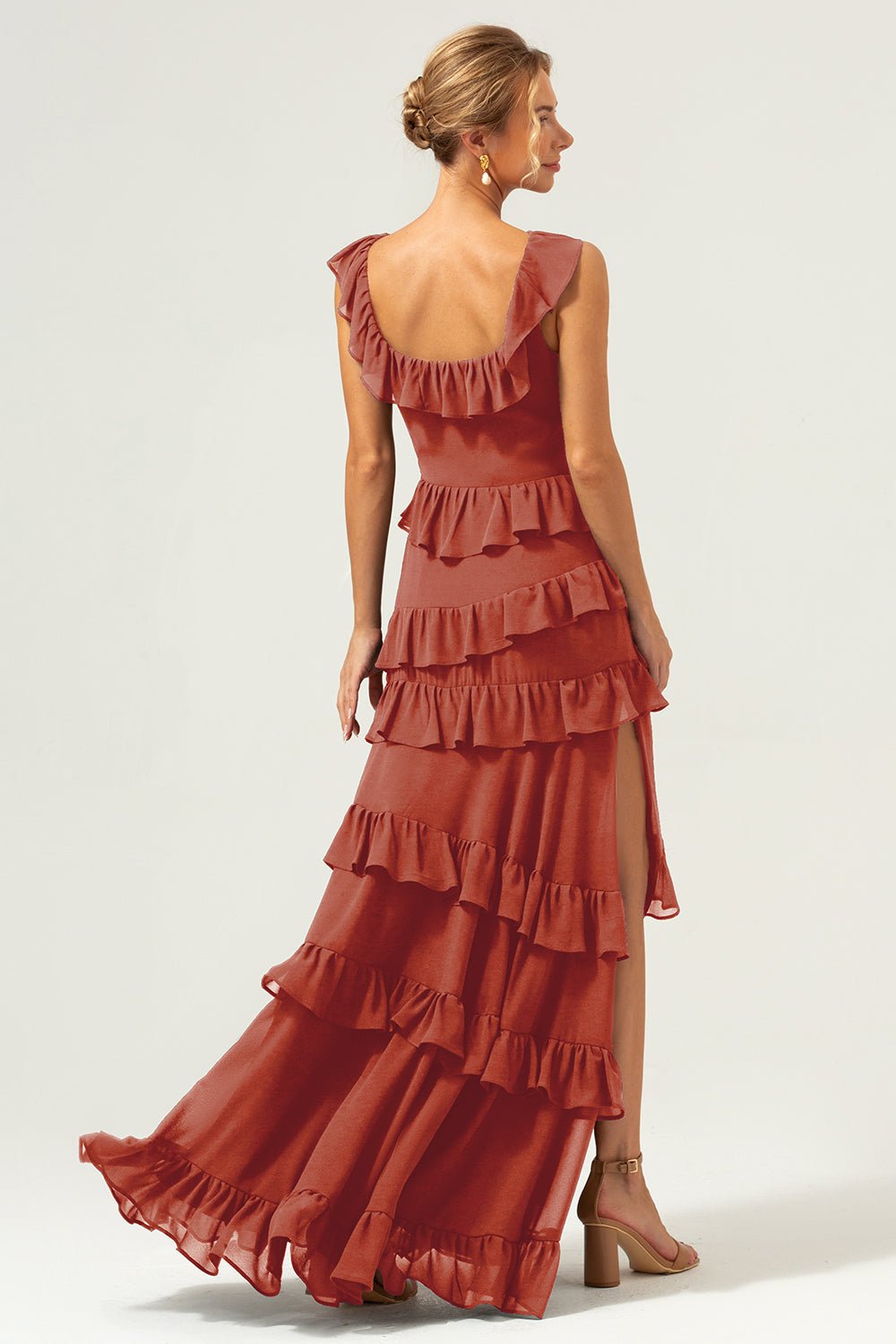 Dark Navy Tiered Chiffon A-Line Maxi Bridesmaid Dress with Ruffle Sleeves - Image 94